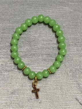 Green Beaded Stretch Bracelet with Gold Cross Charm
